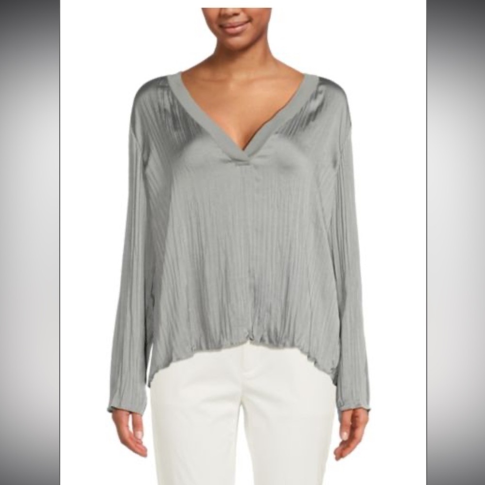 VINCE Crushed Long Sleeve Pleated V-Neck Top in Slate Grey Silver- Size Small